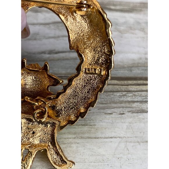 Vintage LIA by Lianna Christmas Wreath Cat Brooch Enamel Gold Holiday Pin - Picture 6 of 8